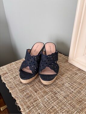 Draper James Navy Denim Eyelet Espadrille Wedges